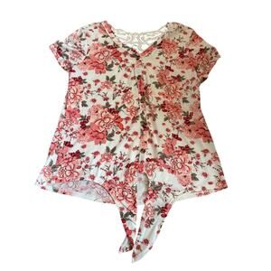 Kristin Nicole Floral Lace Back Tie Front Top Size L Pink White Short Sleeve